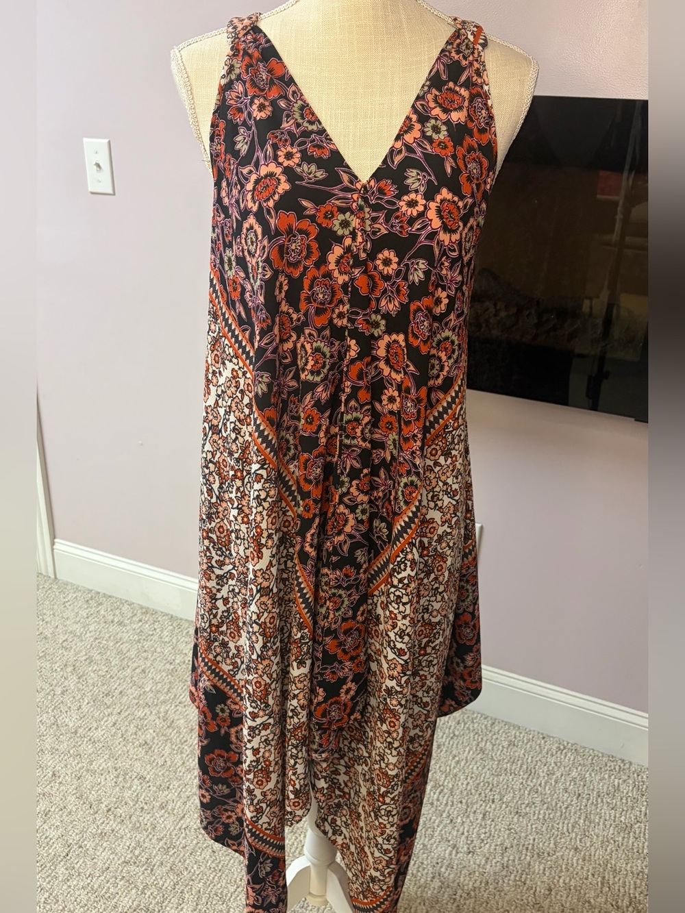 SLNY Boho Black & Teracota Floral Asymmetrical V-Neck Dress